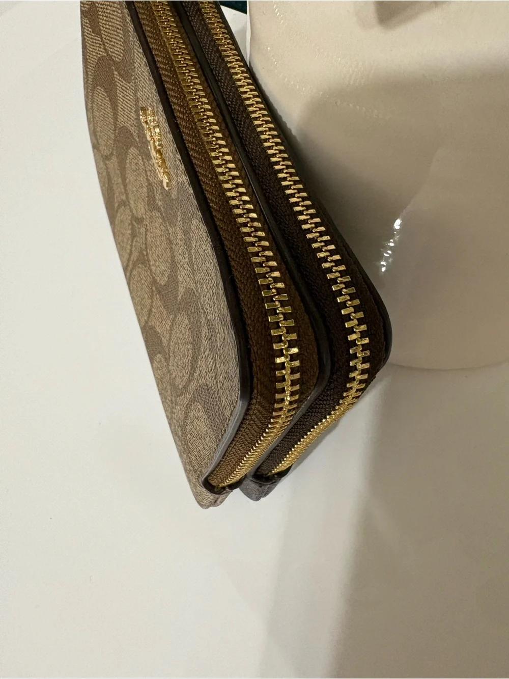Coach Double Corner Zip Wristlet Signature Canvas Khaki Brown Multi NWT